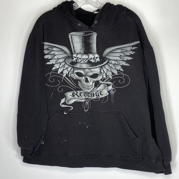 Revenge Skull Top Hat Goth Punk Hooded Sweatshirt XL - Picture 1 of 8
